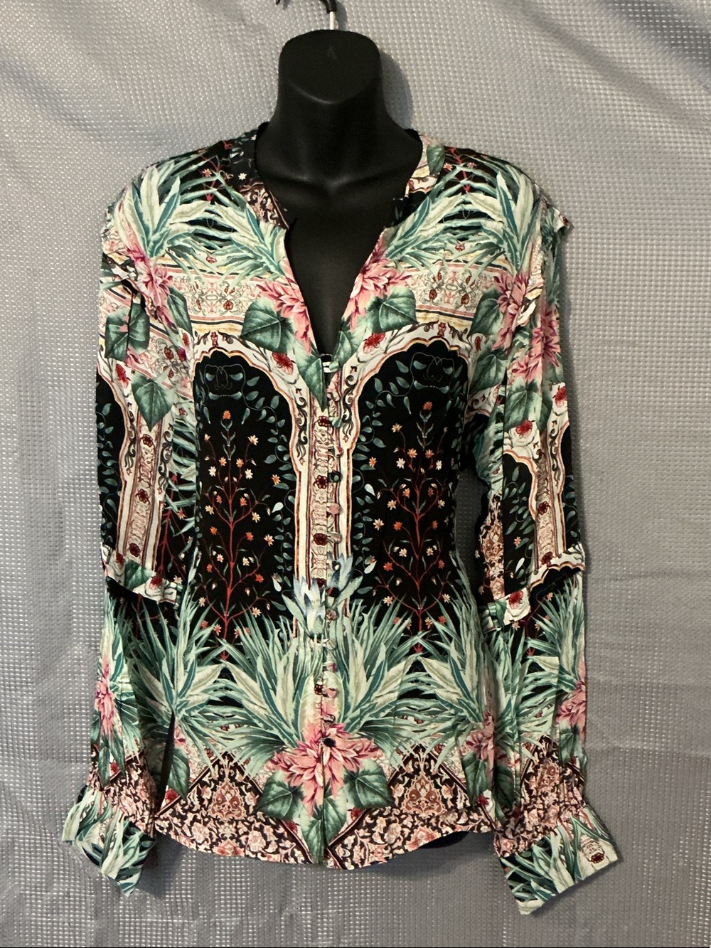 Anthropologie Floral Tropical Button-Down Blouse - Black, Teal & Pink